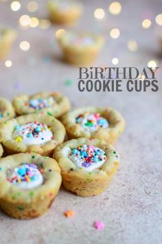 
                    
                        Chewy, scratch-baked birthday cookie cups studded with sprinkles and white chocolate chips and filled with frosting.
                    
                