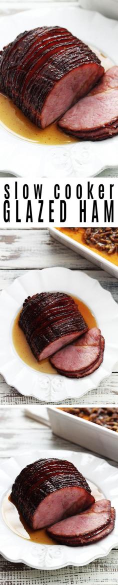 Juicy slow cooker ham with a sweet and spicy glaze. [ MyGourmetCafe.com ] #Thanksgiving #recipes #gourmet