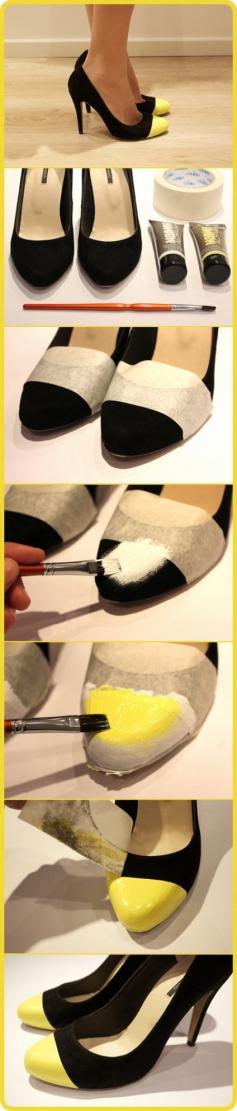 
                    
                        colour blocked shoes - tutorial | What a great way to upcycle a pair of shoes w/ scuffed toes!
                    
                