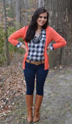 
                    
                        Plaid, Coral cardi, jeans, boots, statement necklace! (I would do a more simple necklace)
                    
                