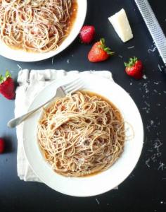 
                    
                        Strawberry Pasta with Pecorino - it's like spaghetti with a little something extra. Adapted from Rose's Luxury.
                    
                