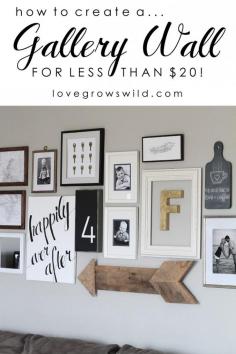 Learn how to create a fun, personal, and creative Gallery Wall for LESS THAN $20! Yes, you CAN decorate an entire wall for that cheap! Get all the best tips and tricks from LoveGrowsWild.com