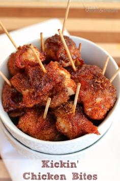 
                    
                        Bite sized pieces of chicken wrapped in bacon and dusted in brown sugar & cayenne pepper! Chicken bites loaded with a kick!
                    
                