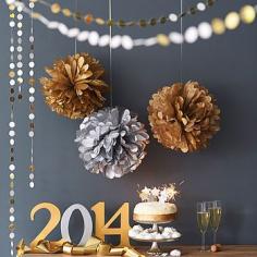 
                    
                        Metallic Hanging Pom Pom Decoration | This new years party decor is great for inspiration
                    
                