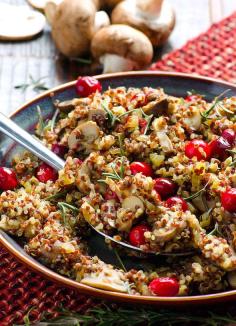
                    
                        Mushroom Rosemary Quinoa Stuffing with Cranberries Recipe -- Gluten free and vegan. Cooks separately on a stove top in 30 minutes. Makes great dinner side dish as well. #cleaneating
                    
                