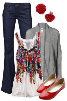 Teacher, Teacher 146 by qtpiekelso on Polyvore Im a big fan of the cardigan or open sweater as a third piece. Depending where you live, they can play a role in your wardrobe most of the year. But this tank with floral red pattern takes the cake! Great for spring, summer and fall. Bright, red flats are fun!  - #fashion #beautiful #pretty http://mutefashion.com/
