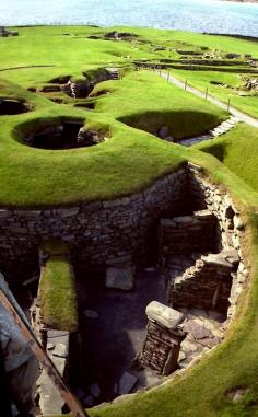 
                    
                        Jarlshof - near Sumburgh, Shetland Islands, Great Britain; the Viking settlement of the Jarlshof site was hidden until a storm in the late 1800s exposed some of the remains from late Iron Age buildings (before 800 AD); built in a circular fashion around a central hub with small rooms and storage areas leading off of it.
                    
                