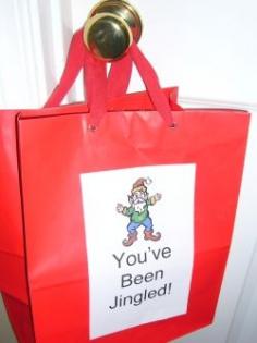 
                    
                        You've Been Jingled~T~ Love this idea. Fill with candy, decorations, hot cocoa mix, homemade cookies or breads, candles, window clings, treats for the family pet, small toys for the kids etc. Also include a we've been jingled sign and instructions on how to pass it on.
                    
                