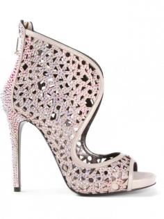 
                    
                        Pink leather embellished sandals from Philipp Plein featuring an open toe, a rear zip fastening, glitter details and a high stiletto heel.
                    
                