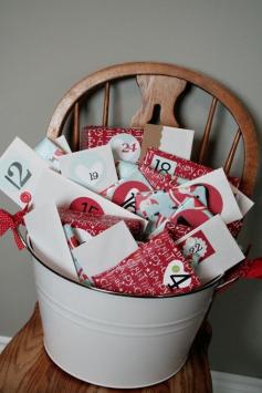 
                    
                        I love this, CHRISTMAS BUCKET...Kids unwrap an activity a day......write letters to Santa, make homemade ornaments, sort through toys to give to a shelter, go look at Christmas lights, Hot chocolate before bed, Christmas movie and so on.
                    
                