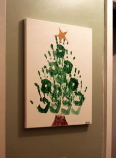 
                    
                        Handprint Christmas Tree: dad, mom, will, jake, Emma. Such a sweet idea!
                    
                