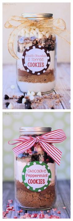
                    
                        Two great cookies in a jar recipes: double chocolate toffee and chocolate peppermint. Great gift idea!
                    
                