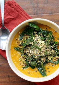 
                    
                        This brightly flavored ginger carrot soup topped with coconut-laced collard greens and Dukkah, an Egyptian condiment made of toasted nuts and seeds, is full of the kinds of great flavor and texture you can crave!
                    
                