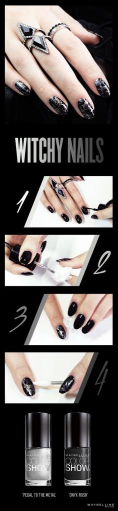 
                    
                        1) Apply 2 coats of Color Show in ‘Onyx Rush’ to each nail.  2) Crinkle plastic wrap it into a ball. Apply Color Show in ‘Pedal to the Metal’ to one end of the wrap.  3) Dab each nail with the lacquer-painted edge of the plastic wrap 1-2 times.  4) Clean up smudges and remove extra polish with a pointed cotton swab.
                    
                