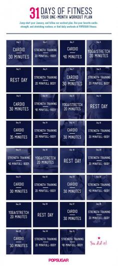 
                    
                        Here's a plan for entire month of workouts: cardio, strength, and flexibility training.
                    
                