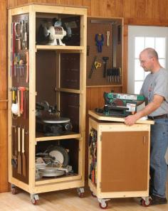 
                    
                        Bench-Tool Storage System Woodworking Plan — Save valuable space by storing your benchtop tools vertically on trays in a roll-around cabinet. The matching tool base makes a perfect mobile workstation.
                    
                