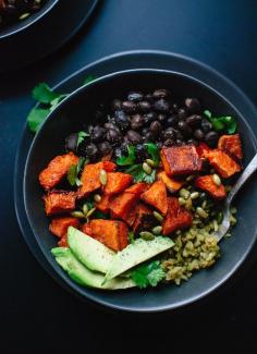 
                    
                        Roasted sweet potatoes with green rice and black beans. cookieandkate.com
                    
                