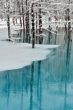Blue Pond & Spring Snow, Hokkaido, Japan #nature