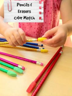 
                    
                        Pencils + Erasers Color Match - A Super Simple 2 Ingredient Fine Motor Skills Activity from Lalymom.com
                    
                