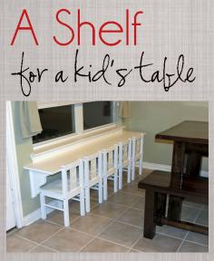 Wide Shelf with Chairs for a #DIY kids table. Good idea for play room maybe with chalk board behind it.