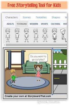 Free storytelling tool for kids - pick the images, drop them on the storyboard, add text bubbles to create stories. Many editing tools to make it fun! Great for creativity, storytelling, and fine motor skills.