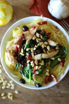
                    
                        Greek-style spaghetti squash with chicken, spinach, sun-dried tomatoes, and kalamata olives. #glutenfree #healthy #recipe #paleo
                    
                