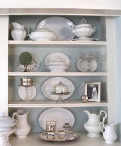 
                    
                        Ideas for Decorating shelves from Vintage American Home.  Add height with cake plates.
                    
                