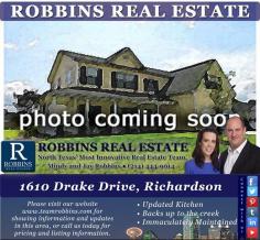 
                    
                        Coming Soon - 1610 Drake Drive Richardson, TX 75080  • Updated Kitchen • Backs up to the Creek • Immaculately Maintained  Please visit our website www.teamrobbins.com for showing information and updates in this area, or call 1-800-289-1830 enter code 1813 today for pricing and listing information.  #RobbinsRealEstate #RichardsonHomes #MindyRobbins, #JayRobbins, #DallasBestRealEstateTeam #ComingSoon
                    
                