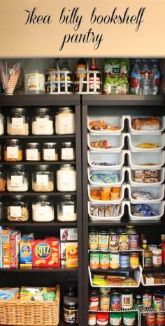 IKEA Billy Bookshelf Pantry - this blogger shows how she organized her pantry by using IKEA bookshelves, jars & stackable organizers. + She included the printable that she used to label her jars.