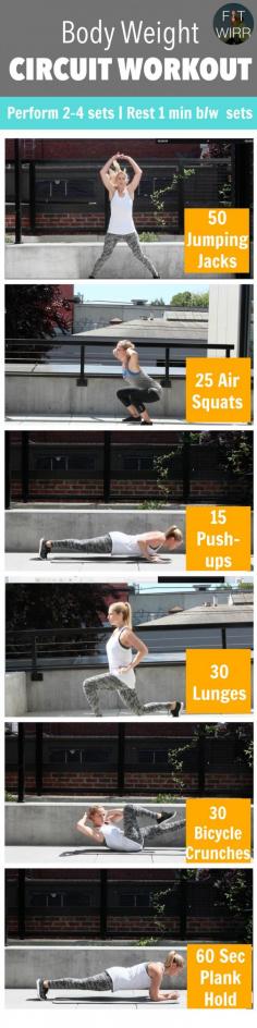 
                    
                        Body weight Workout Routine, the Circuit Training Style. These core strength exercises burn calories & target full body
                    
                