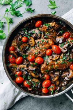 
                    
                        Drunken Chicken Marsala with Tomatoes - simple pan-fried chicken with a savory Marsala wine sauce, golden buttery mushrooms, and tomatoes.
                    
                