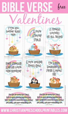 
                    
                        Free (ADORABLE!!) Bible Verse Valentine's Day Cards.  Print a set for children to give to friends, classmates and neighbors this February. Each features a scripture verse on Love.
                    
                