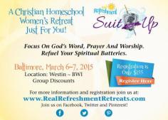 
                    
                        Real Refreshment Retreats is a Christian homeschool women's retreat, just for you! Join us for friendship, fellowship, and encouragement March 2015 in Baltimore, MD.
                    
                