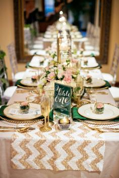 Contemporary and glamorous table setting with gold chevron runners #gold #wedding #ideas