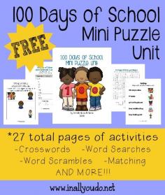 
                    
                        Complete your 100 Days of School learning with this fun and FREE Mini Puzzle Unit!! Includes 27 total pages of puzzles and activities for PreK to 5th grade!! :: www.inallyoudo.net
                    
                