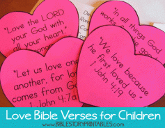 
                    
                        Love Bible Verses for Kids.  8 different verses, one a week through February!  Envelope & Checklist for each verse.
                    
                