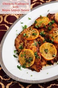 Chicken Scallopine with Meyer Lemon Sauce.  Love Meyer Lemons and this recipe includes a sauce of Meyer Lemons--can't wait to try this.