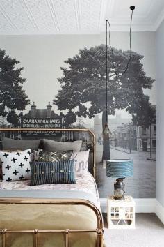 Trend Alert: Panoramic Murals // Bedroom With Mural Wallpaper and Brass Bed Frame  #bedroom #bed #home #decor #interior