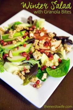 
                    
                        Winter Salad with Granola, featuring pears, apples, pomegranate, and granola bites.  #LoveMyCereal #QuakerUp #spon
                    
                
