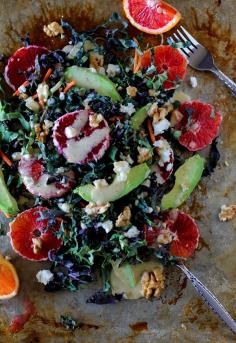
                    
                        Kale Salad with Blood Oranges, Avocado, Walnuts, Goat Cheese, and Fig Vinaigrette
                    
                