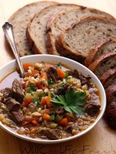 Beef Barley Soup--Carlene O. Adds rutabaga, cabbage, canned tomatoes and uses 2 packages of beef tips, cutting pieces in 3 or 4 each