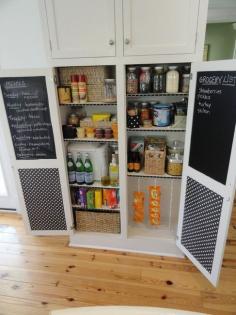 LOVE our chalkboard painted (inside) pantry door. Keeps grocery list, menu plans, etc. (Line your kitchen cabinets with chalkboard contact paper or corkboard so you can write down things to buy, menus, pin recipes, etc.