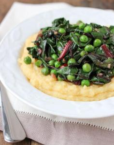 My new love is chard.  Creamy Polenta with Garlicky Red Chard and Peas (vegan)