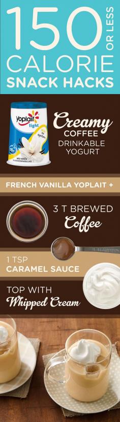 
                    
                        A Creamy Coffee treat without all the calories? Try this Creamy Coffee Yogurt drink featuring Yoplait Light Vanilla yogurt for a delicious snack with less than 150 calories.
                    
                