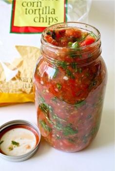 Great homemade Salsa:
2 cans of diced tomatoes
1 jalapeño minced
1/2 bunch cilantro chopped
1 clove of garlic minced 
3-4 whole green onion (stem included) chopped up
Couple shakes of red pepper flakes
1 tsp of salt. Blend it all together minus the tomatoes, then add the tomatoes and blend a little to mince the tomatoes. 

Add lime juice or it just doesn't taste good. 