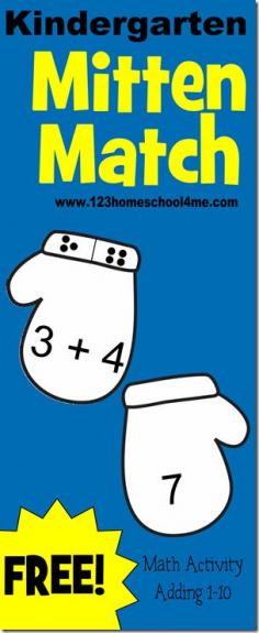 
                    
                        Kindergarten Math Game - Mitten Match is a FREE printable, simple math activity for kids to practice addition using mittens.  Lots of options to this activity.
                    
                