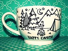 Coffee Mug: "Happy Camper" Large18oz Hand Illustrated Coffee Cup