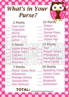 "What's in Your Purse?" baby shower game but could easily work for a bridal shower