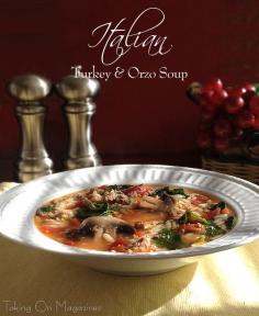 
                    
                        Italian Turkey & Orzo Soup | www.takingonmagaz... | This beautiful Italian Turkey & Orzo Soup is so full of flavor. The turkey, spinach, tomatoes and orzo work wonderfully together to create a delicious meal.
                    
                