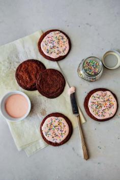 Chocolate Sugar Cookies with Pink Frosting